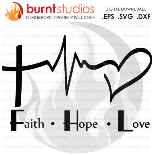 Digital File, Faith Love Hope Heartbeat, Cross, Christian, God, Holy Spirit, Church, Jesus, Shirt, Decal Design, Svg, Png, Dxf, Eps file