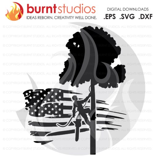 SVG Cutting File, Tree Trimmer on USA Grunge Flag with Tree & Leaves, United States of America, Arborist, Tree Climber, Climbing Hooks, PNG