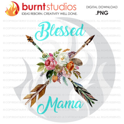 Blessed Mama with Watercolor Boho Arrows, Sublimation or DTG File, Mother's Day Gift, high-resolution transparent background PNG, download
