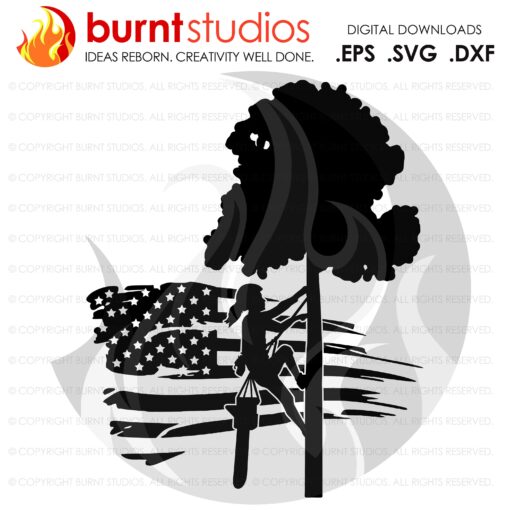 SVG Cutting File, Female Tree Trimmer on USA Grunge Flag with Tree & Leaves, United States of America, Arborist, Tree Climber Climbing Hooks
