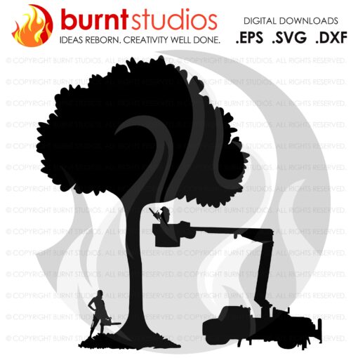 SVG Cutting File, Female Tree Trimmers and Bucket Truck, Arborist, Climbing Hooks, Spikes, Gaffs, Skull,  Shirt Design, Decal Design, PNG