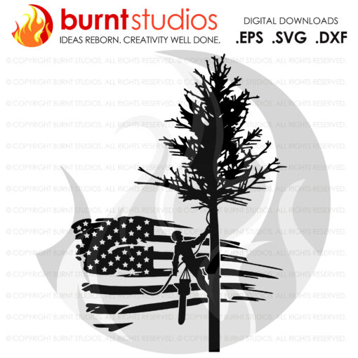 SVG Cutting File, Tree Trimmer on USA Grunge Flag with Pine Tree, United States of America, Arborist, Tree Climber, Climbing Hooks, PNG
