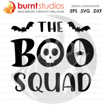 A black and white image of the words " boo squad ".