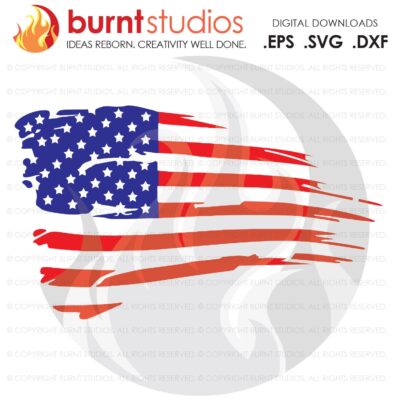 A burnt american flag with the words burn studios underneath it.