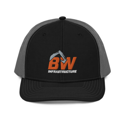 A black and grey hat with the logo of b & w infrastructure.